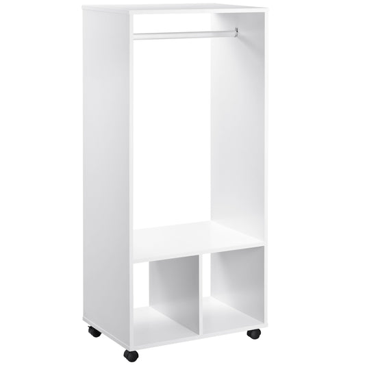 Open Wardrobe with Hanging Rod and Storage Shelves Mobile Garment Rack on Wheels Bedroom, Cloakroom, White
