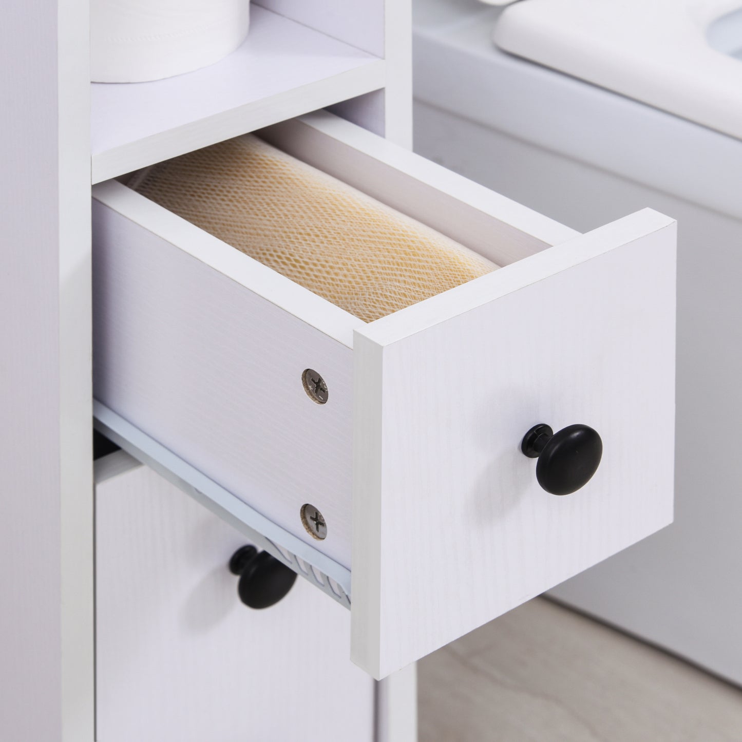 Kleankin Slimline Bathroom Storage Unit w/ 2 Drawers 2 Open Compartments Wheels Handles Freestanding Compact Home Office Furniture White