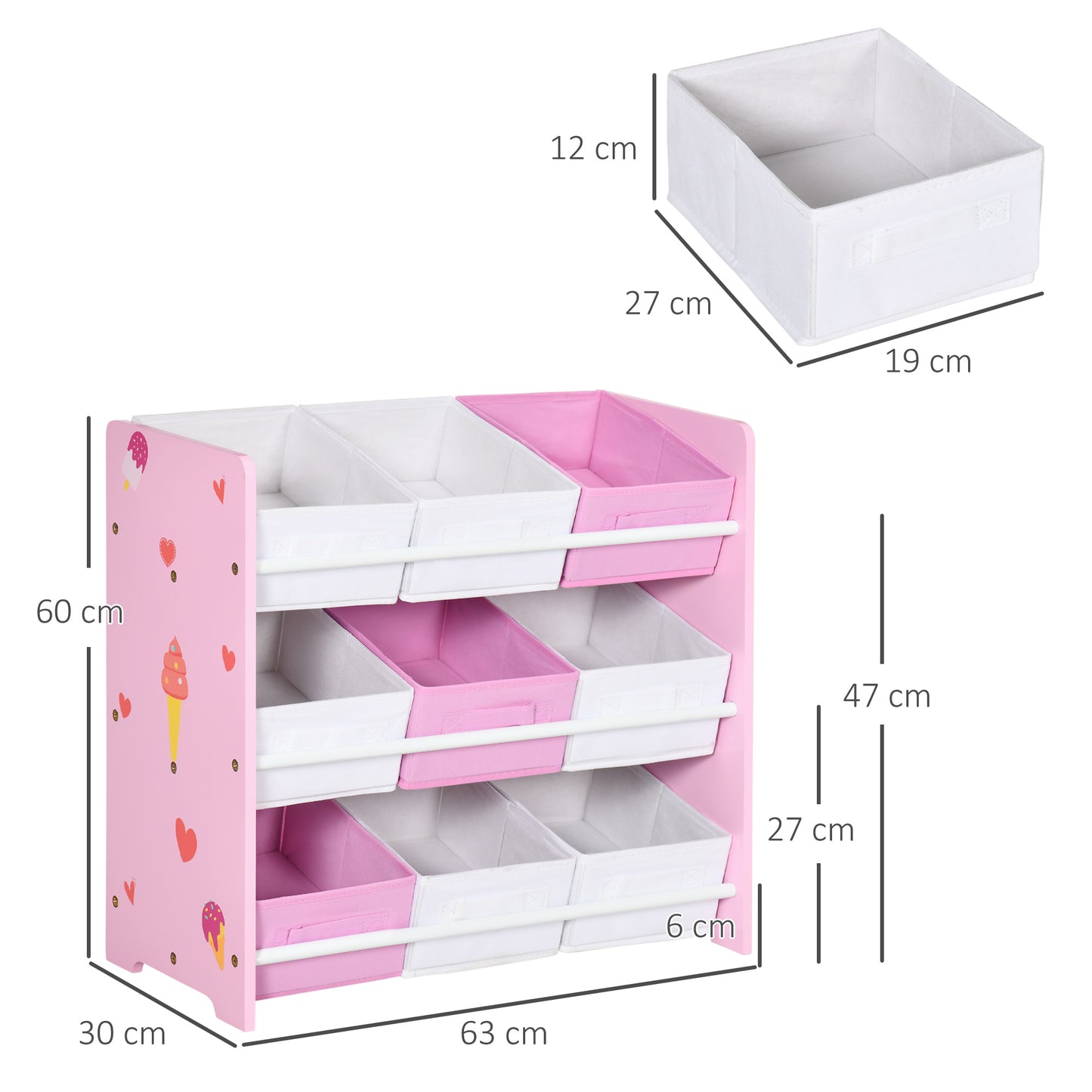 ZONEKIZ Kids Storage Unit with 9 Removable Storage Baskets, Toy Box Organiser with Shelf, Book Shelf for Nursery Playroom, Pink
