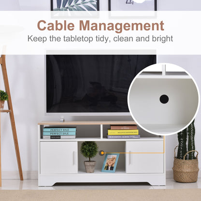 TV Stand for TVs up to 42 Inches with Cabinets, Shelves and Wide Tabletop for Living Room, Bedroom, Dining Room, White and Wood Color