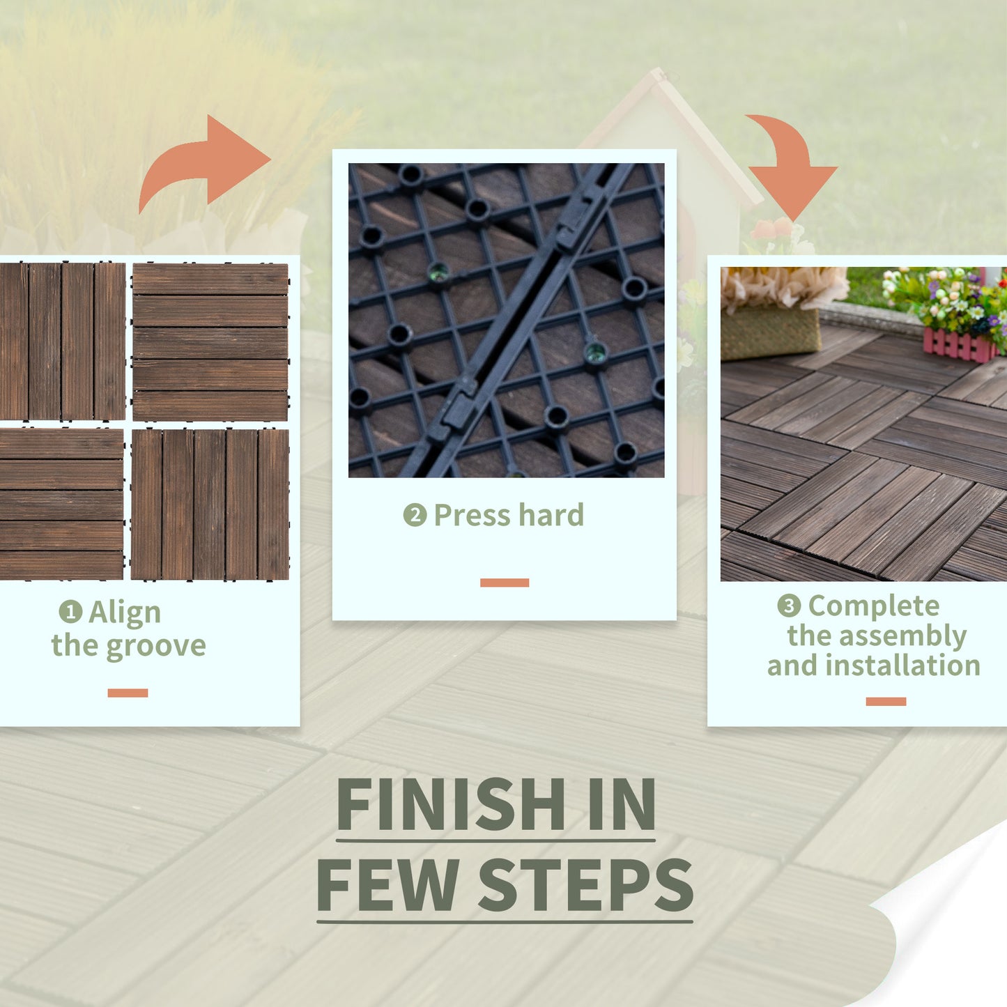 Outsunny 27 Piece Solid Wood Interlocking Decking Tiles For Patio, Balcony, Roof Terrace, Hot Tub, Black, (30 x 30 cm Per Piece)