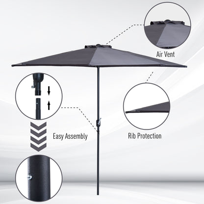 Outsunny 3 m Half Round Umbrella Parasol-Grey Polyester/Aluminum