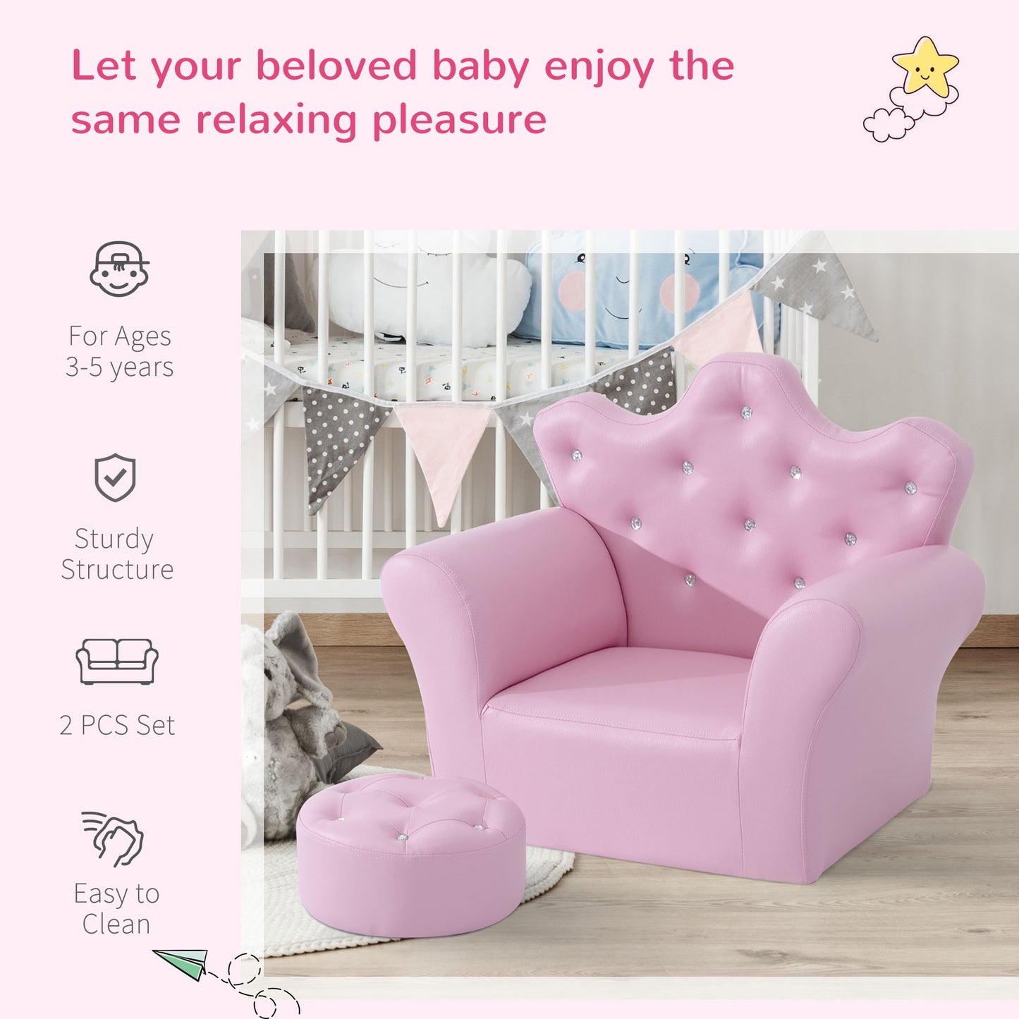 Children's Kids Sofa Set Armchair Chair Seat with Free Footstool PU Leather Pink