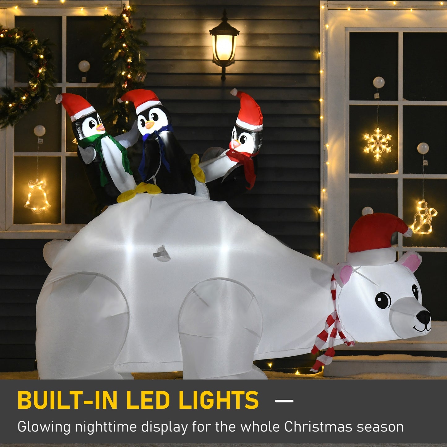 5ft Outdoor Christmas Inflatable With LED Light, Lighted Blow Up Polar Bear With Three Penguins, Giant Yard Party Decoration For Garden Lawn