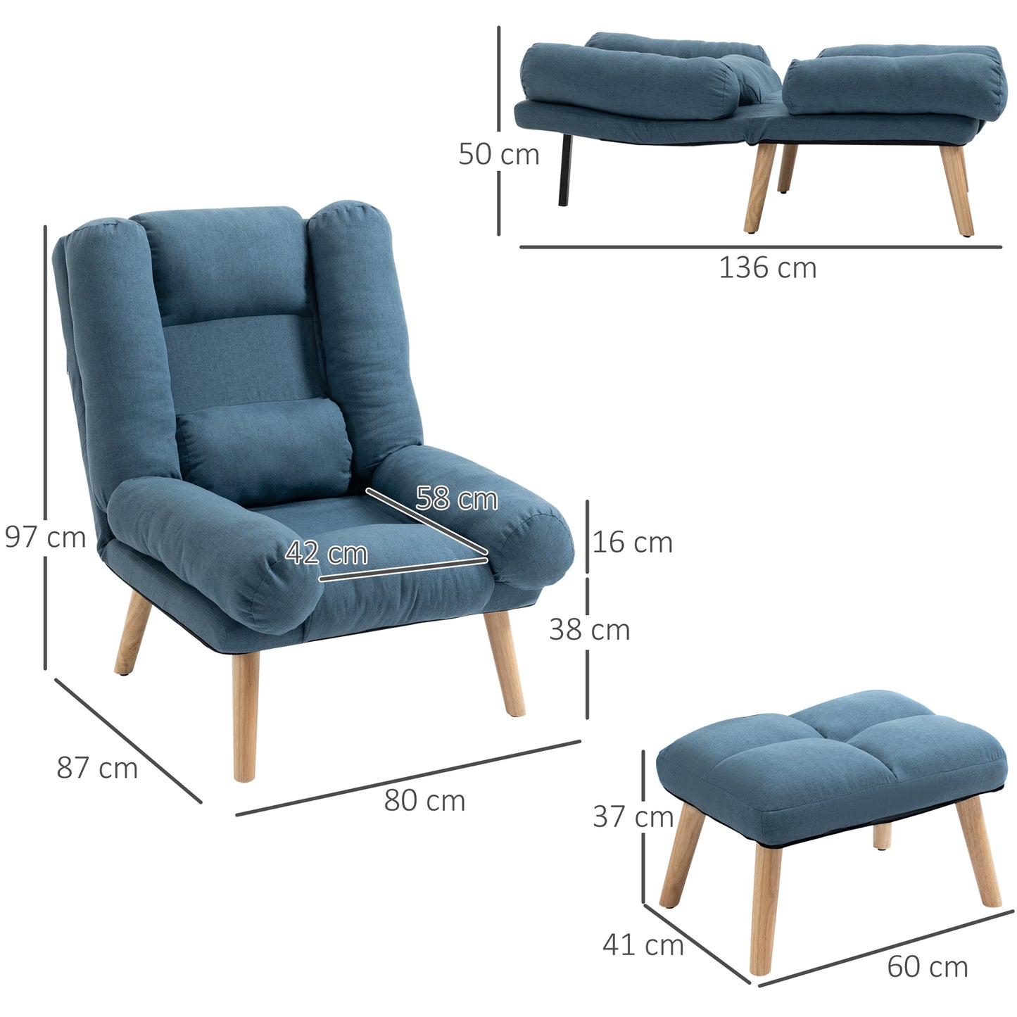 Occasional Recliner with Ottoman, 3-Position Adjustable Linen Fabric Reclining Lounger, Lazy Cushioned Sofa Chair with Footstool, Blue