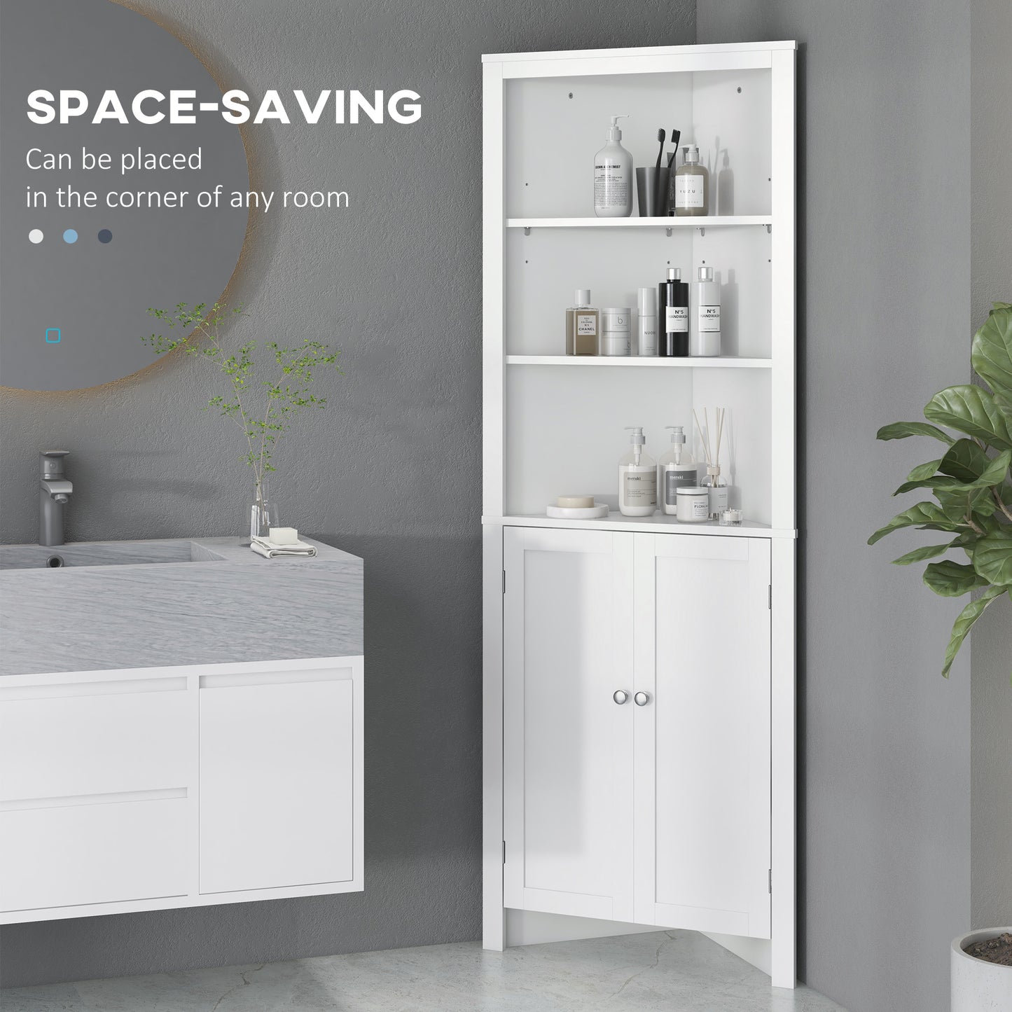 Kleankin Triangle Bathroom Cabinet, Corner Bathroom Storage Unit with Cupboard and 3-Tier Shelves, Free Standing, White