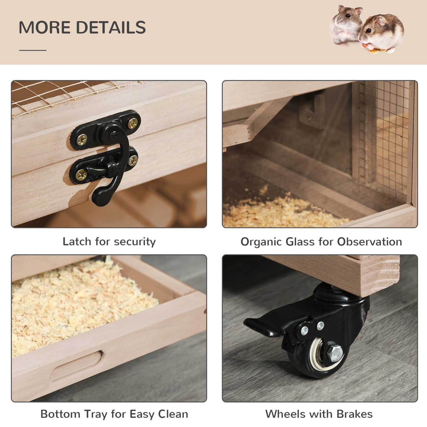 Wooden Hamster Cage, Mice Rodent Small Animals Kit Hutch, 3 Tiers Exercise Play House W/ Wheels, Bottom Tray, 99 x 50 x 69 cm, Natural Wood