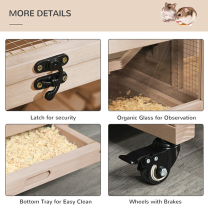 Wooden Hamster Cage, Mice Rodent Small Animals Kit Hutch, 3 Tiers Exercise Play House W/ Wheels, Bottom Tray, 99 x 50 x 69 cm, Natural Wood