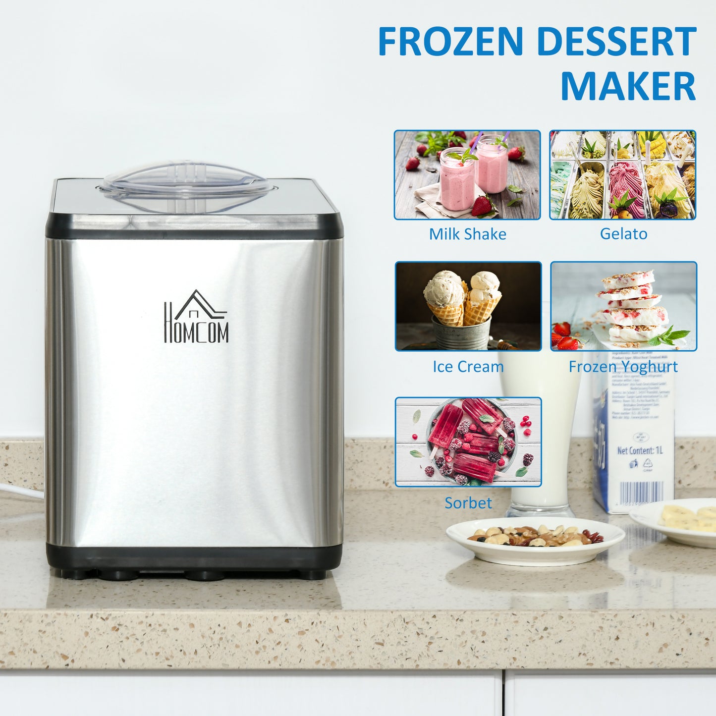 Ice Cream Maker Machine, 1.5L Stainless Steel Gelato, Sorbet, Milkshake, Frozen Yoghurt Maker with Detachable Mixing Paddle LED Display