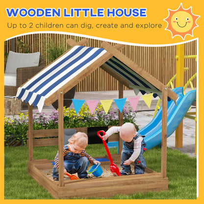 Outsunny Wooden Sandbox with Canopy House Design Brown