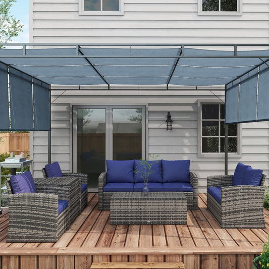 Outsunny 6 Piece Outdoor Rattan Wicker Sofa Set Sectional Patio Conversation Furniture Set w/ Storage Table & Cushion Navy Blue