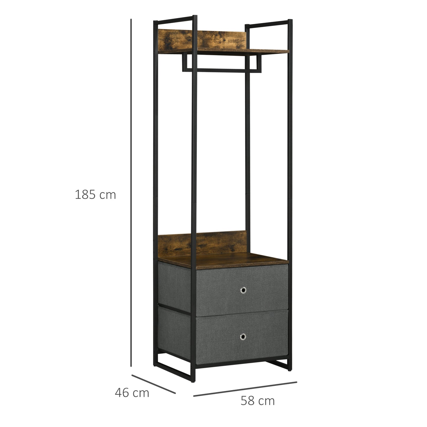 Clothes Rail, Metal Coat Stand, Garment Rack with 2 Fabric Storage Drawers, Single Wardrobe for Bedroom, Hallway, Rustic Brown and Grey