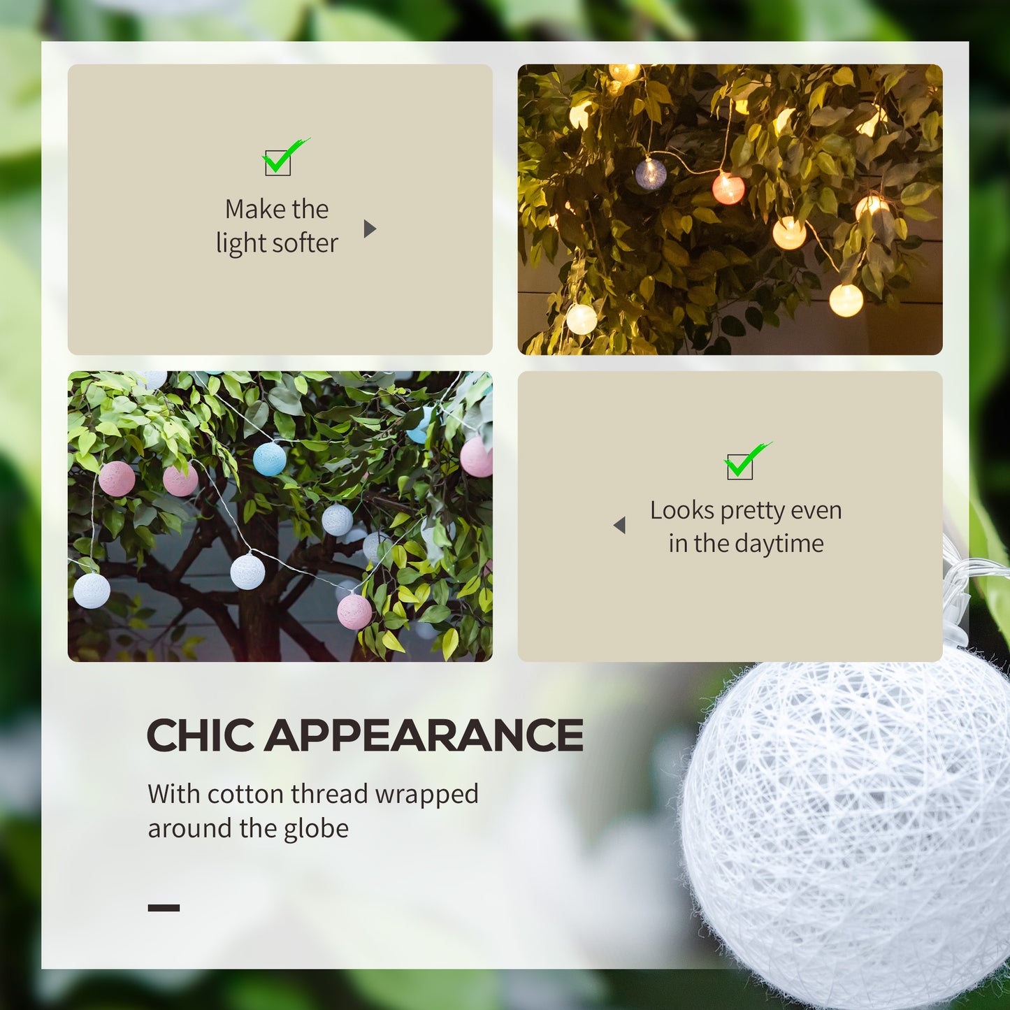 Outsunny 4-Pack Garden String Lights, Total 70ft 80 LED Globe Lights, Hanging Festoon Lights for Outdoor/Indoor, Party, Festival Docor