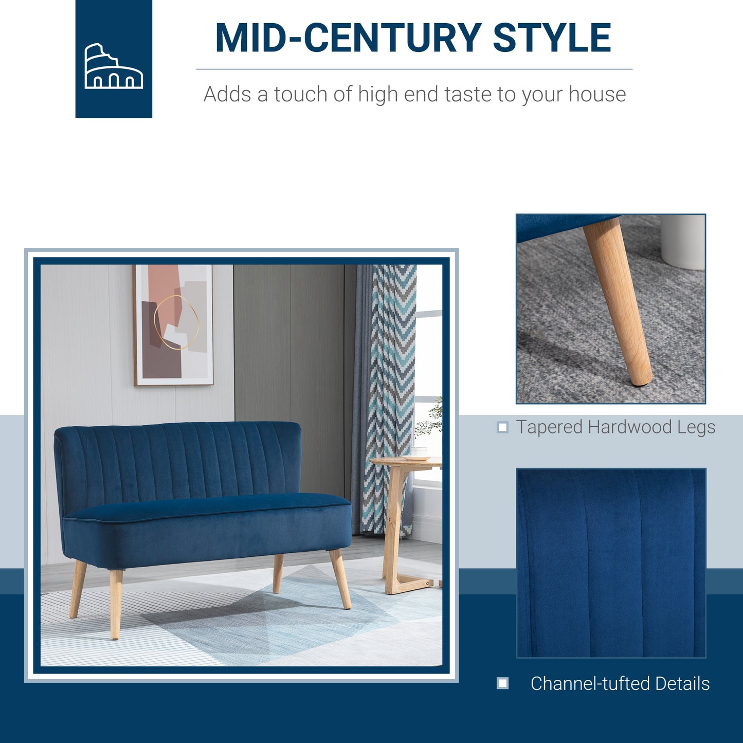 Retro Style Velvet Double Seat Sofa w/ Wood Frame Foam Padding High Back Soft Comfortable Compact Couch Blue