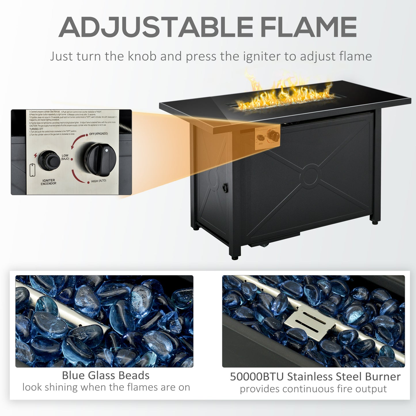 Outsunny Propane Gas Fire Pit Table, 50000BTU Smokeless Firepit Outdoor Patio Heater with Tempered Glass Tabletop, Cover, 109cm x 56cm x 64cm, Black