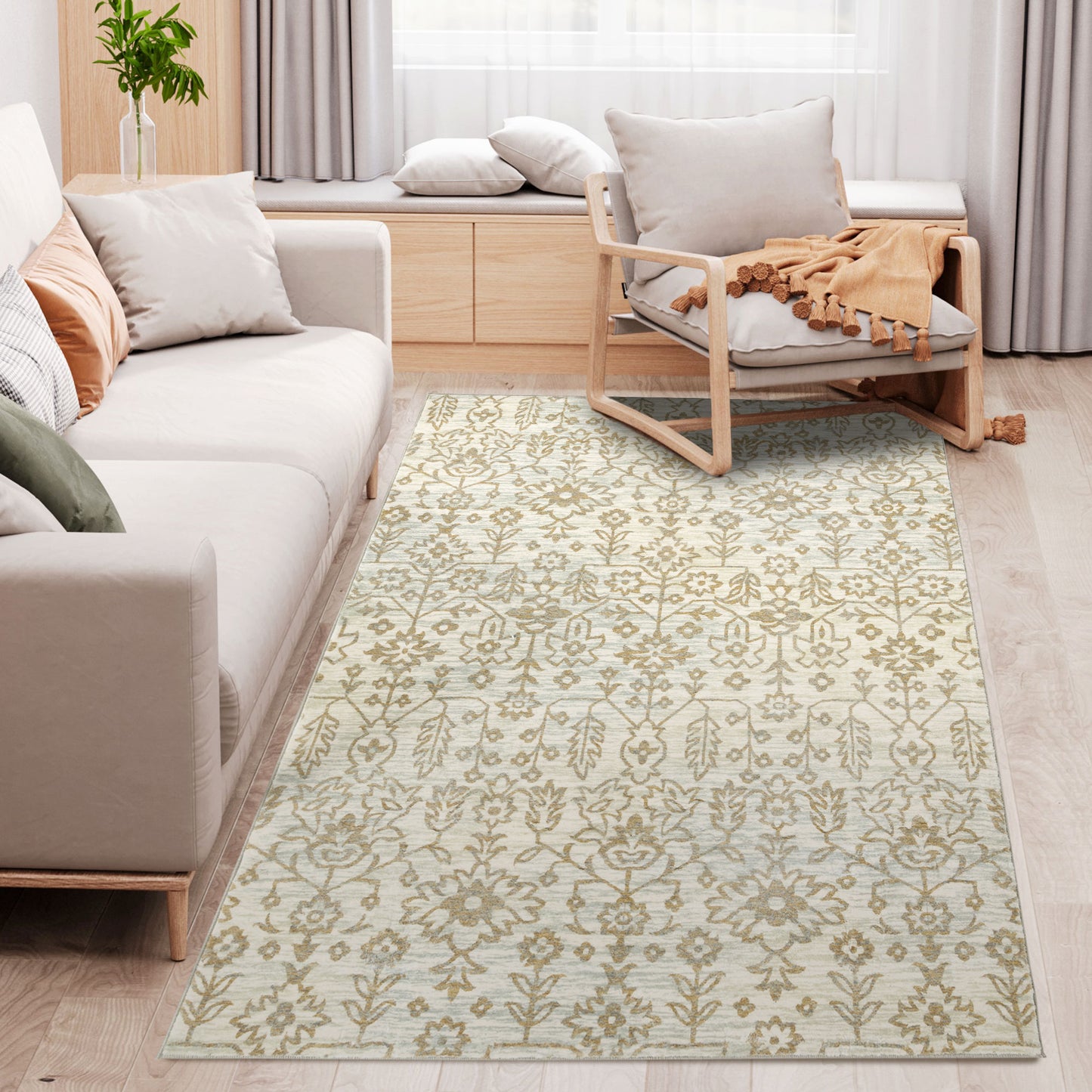 Beige Rug, Floral Pattern Area Rugs, Decorative Carpet for Living Room, Bedroom, Dining Room, 230 x 160cm
