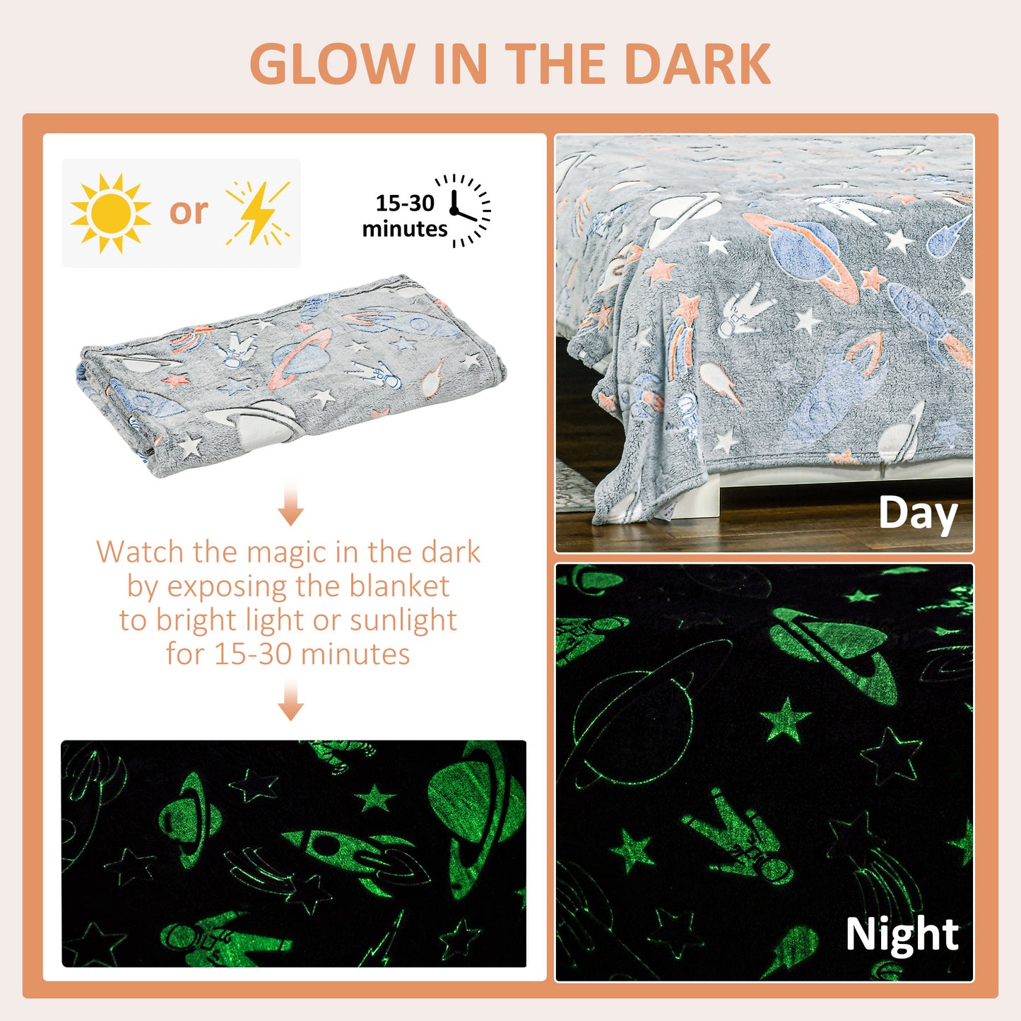 Glow in The Dark Flannel Fleece Throw Blanket, Fluffy Warm Throw Blanket, Kids Galaxy Stars Luminous Blanket, 203x153cm, Grey