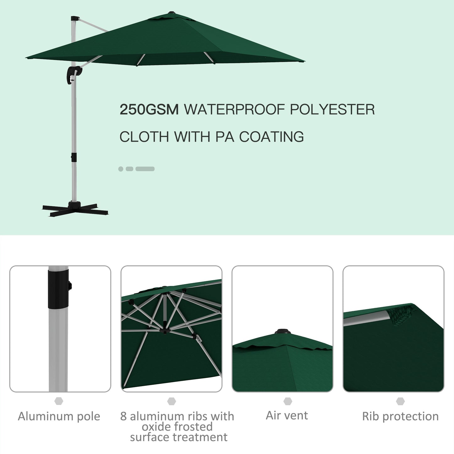 Outsunny 3 x 3(m) Square Cantilever Parasol with Cross Base, Crank Handle, Tilt, 360° Rotation and Aluminium Frame, Green