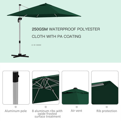 Outsunny 3 x 3(m) Square Cantilever Parasol with Cross Base, Crank Handle, Tilt, 360° Rotation and Aluminium Frame, Green
