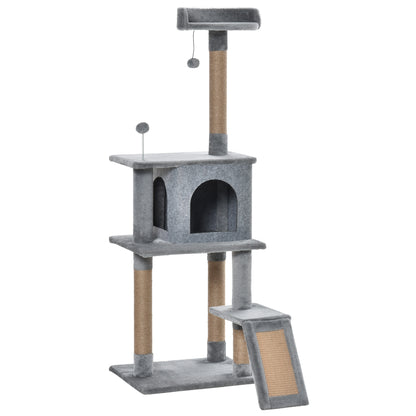 PawHut Cat Tree Tower 142cm Climbing Kitten Activity Centre with Jute Scratching Post  Board Perch Roomy Condo Removable Felt Hanging Toy, Grey