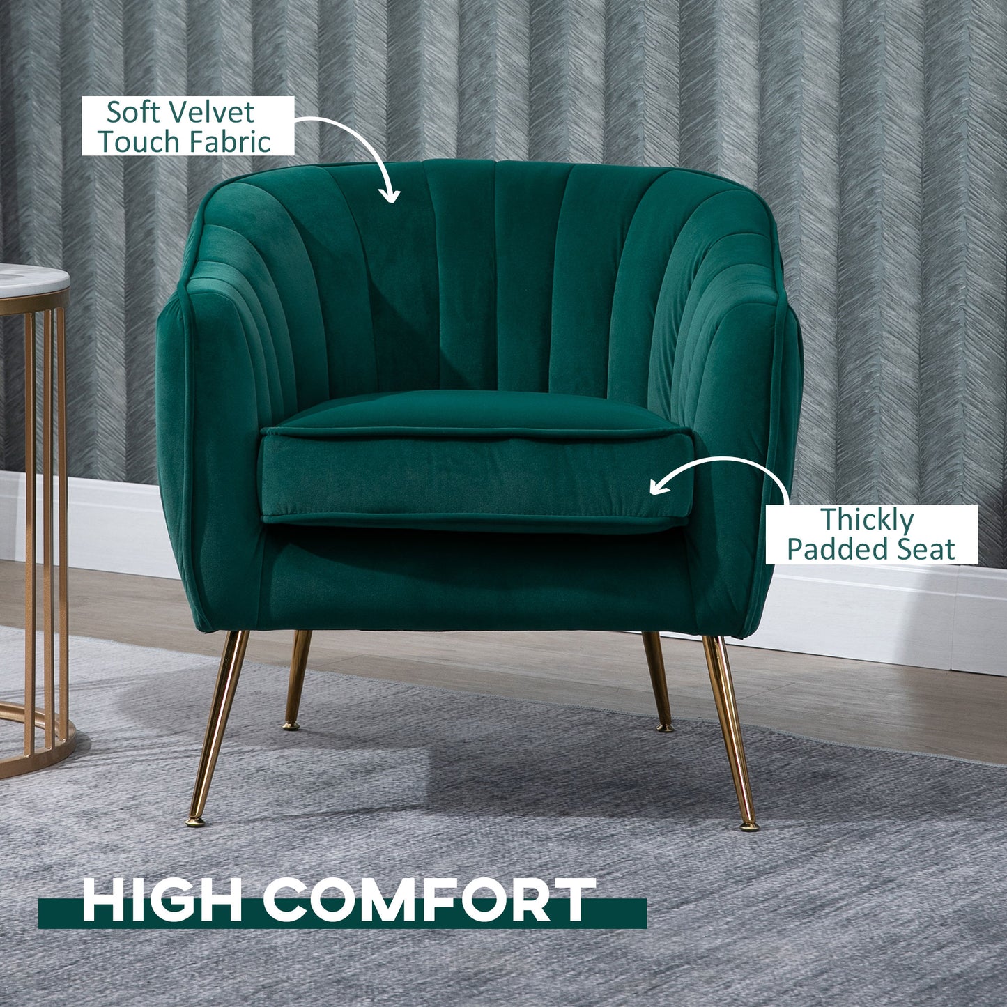 Retro Style Velvet-Feel Tub Armchair, with Gold Tone Legs - Green