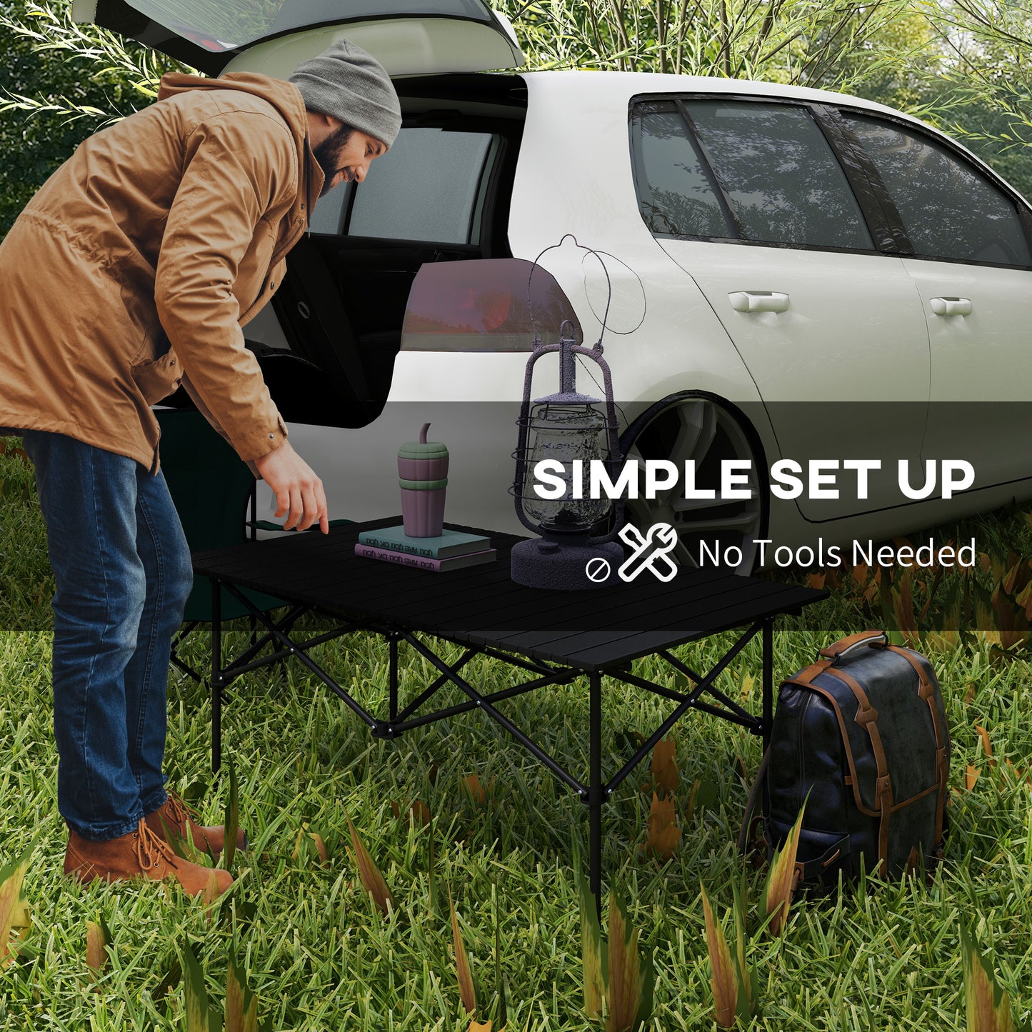 Outsunny Portable Aluminium Picnic Camping Table, Lightweight Folding With Roll Up Top, Carry Bag For Outdoor Camping - Black