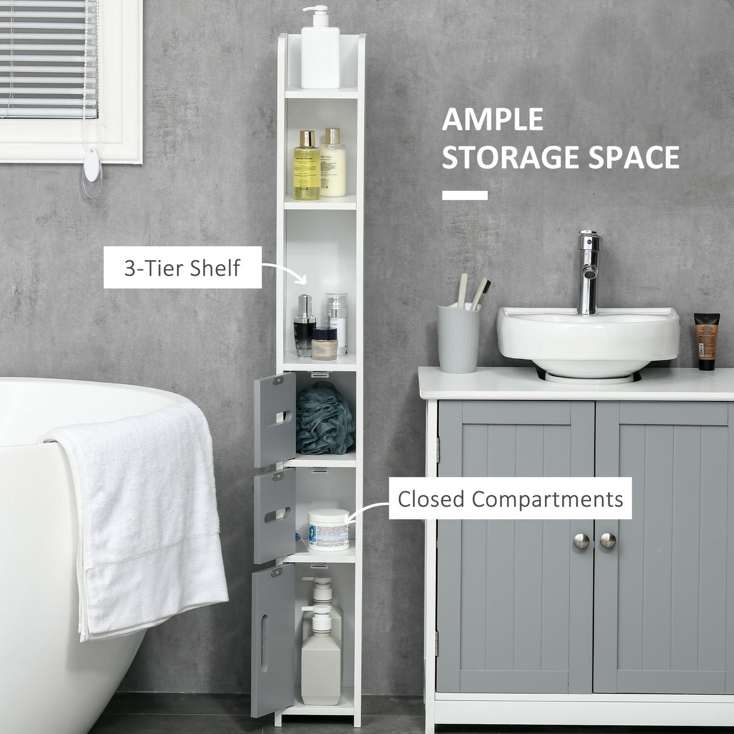 Modern Bathroom Storage Cabinet, Freestanding Tall Bathroom Cabinet with Open Shelves and 3 Cupboards with Door, for Bedroom Hallway, Grey