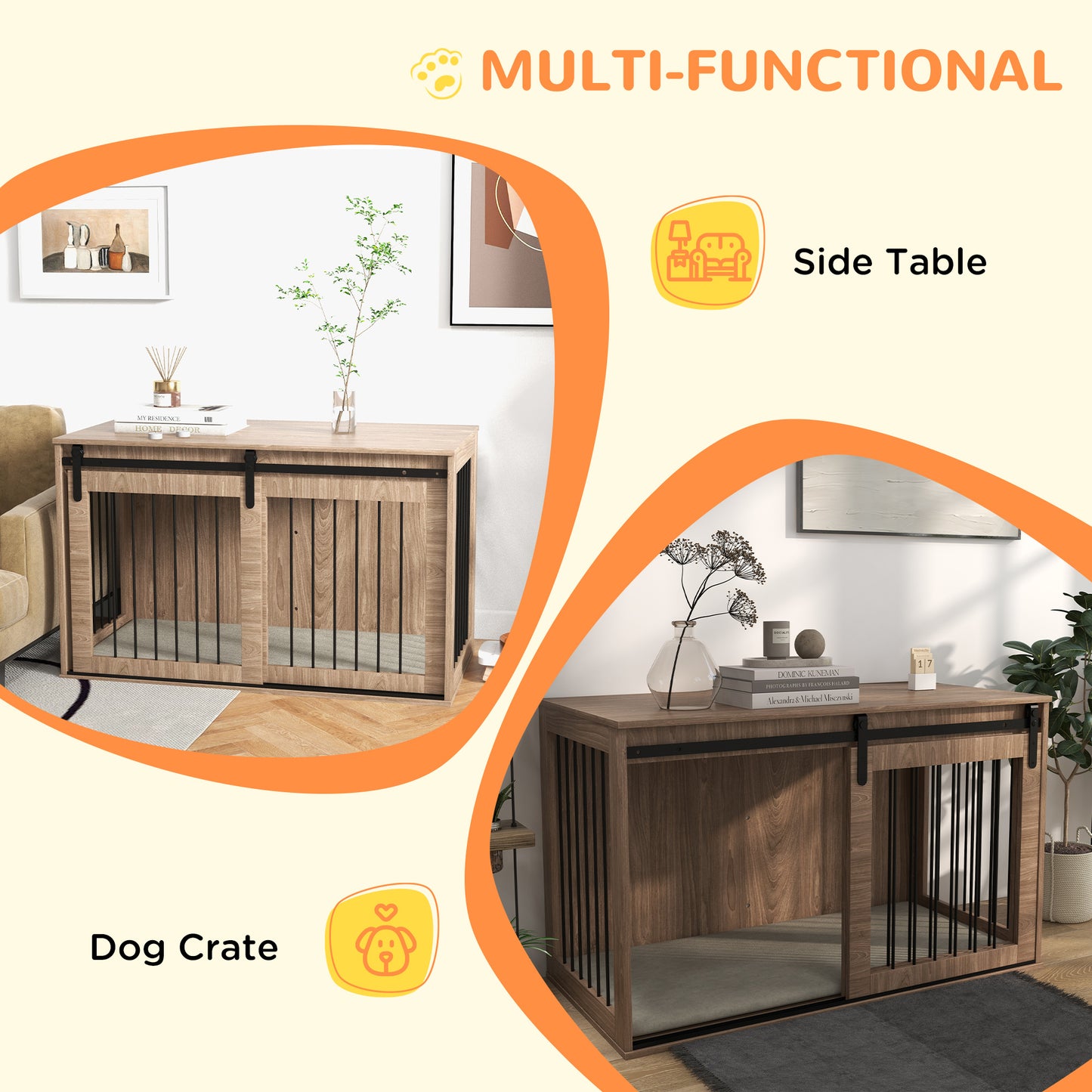 Dog Crate Furniture Side Table | Barn Door | Removable Washable Cushion | 3-Sided Ventilation | Large Dogs up to 30kg | 100 x 60 x 63cm | Brown