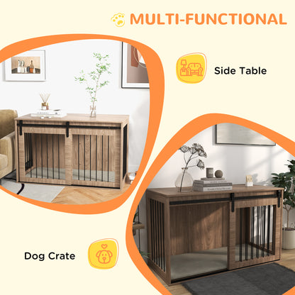 Dog Crate Furniture Side Table | Barn Door | Removable Washable Cushion | 3-Sided Ventilation | Large Dogs up to 30kg | 100 x 60 x 63cm | Brown