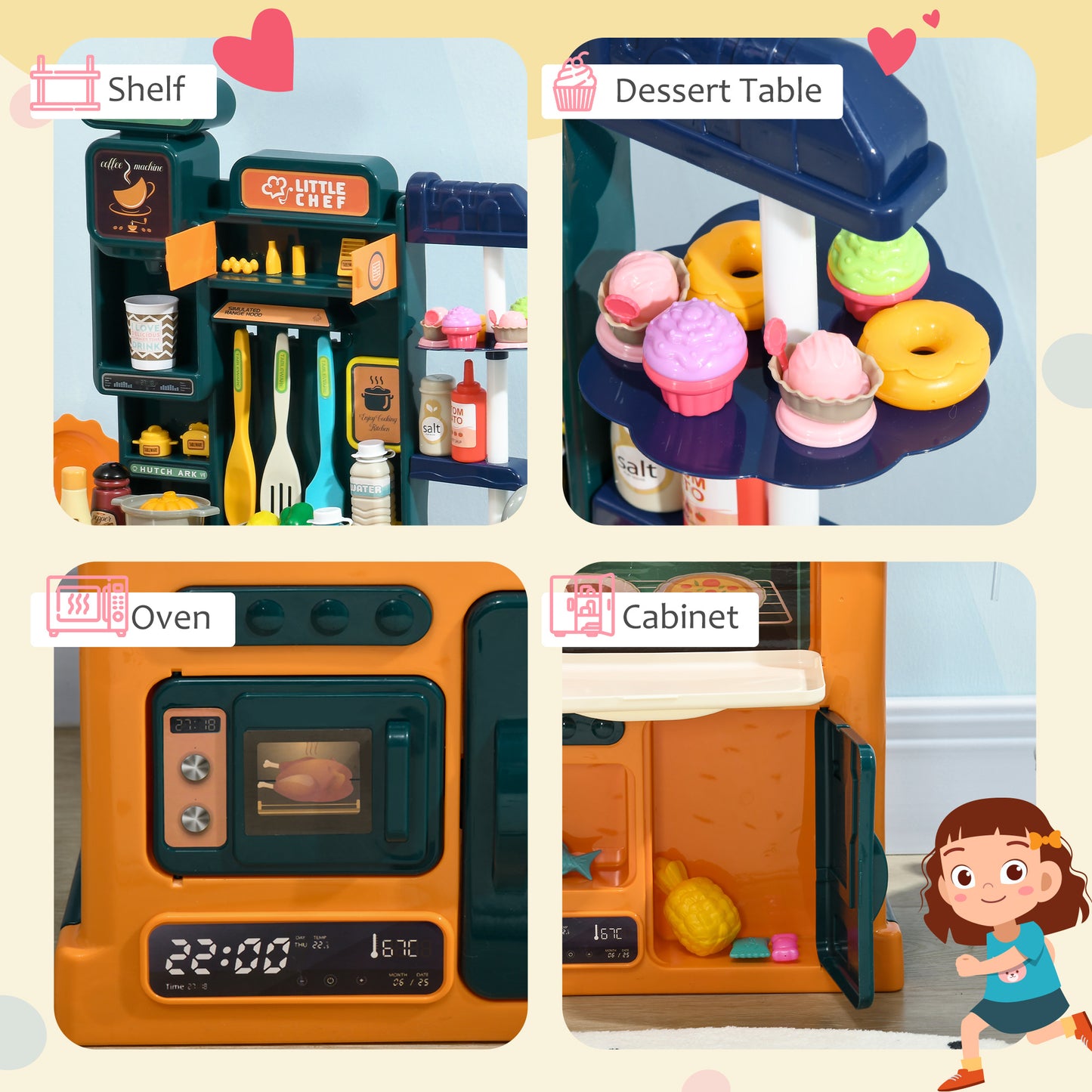 AIYAPLAY Toy Kitchen, 77 Pieces Kids Play Kitchen Role Playing Game with Sound and Light, Water Spray, Running Water