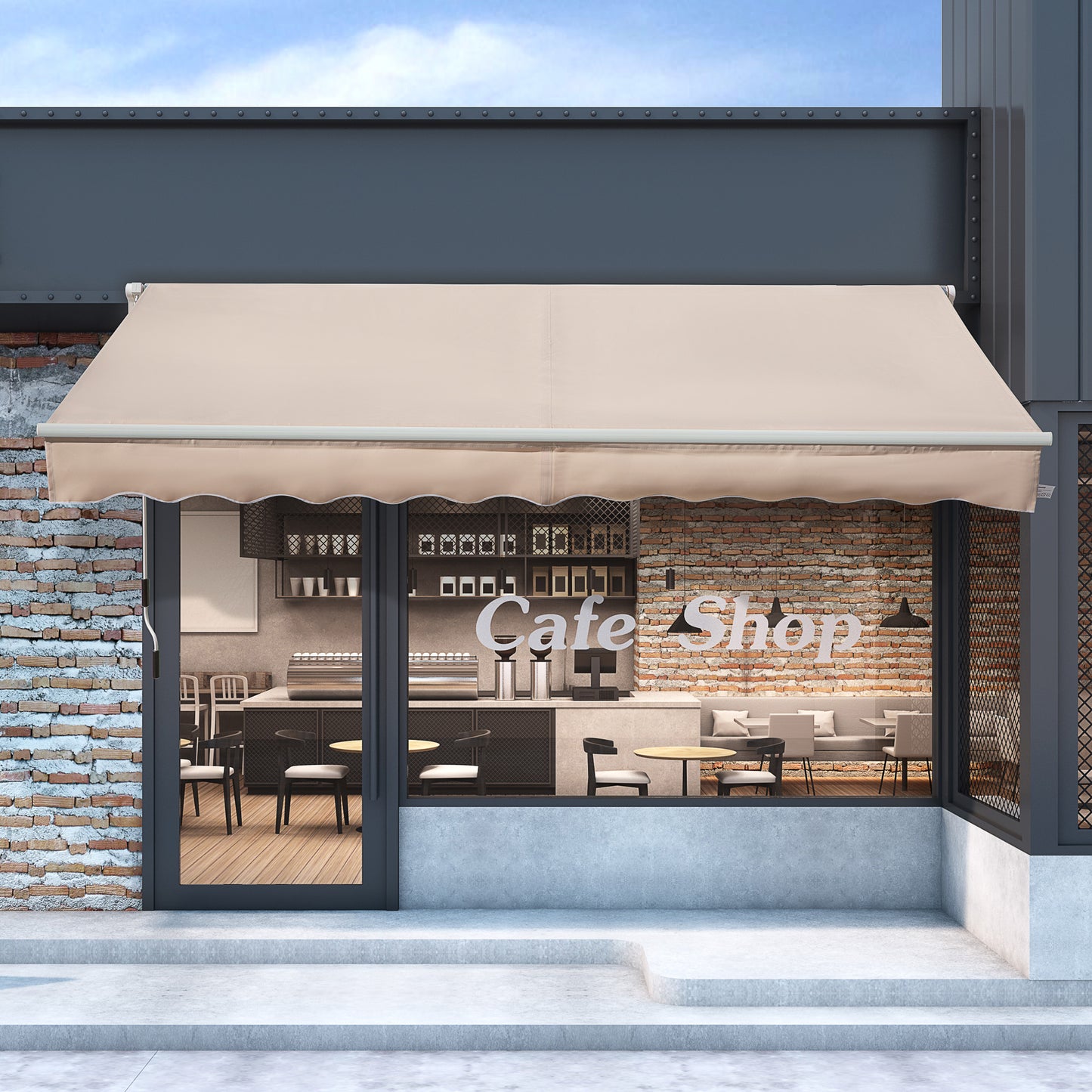 Outsunny 4 x 2.5m Retractable Manual Awning Window Door Sun Shade Canopy with Fittings and Crank Handle Beige