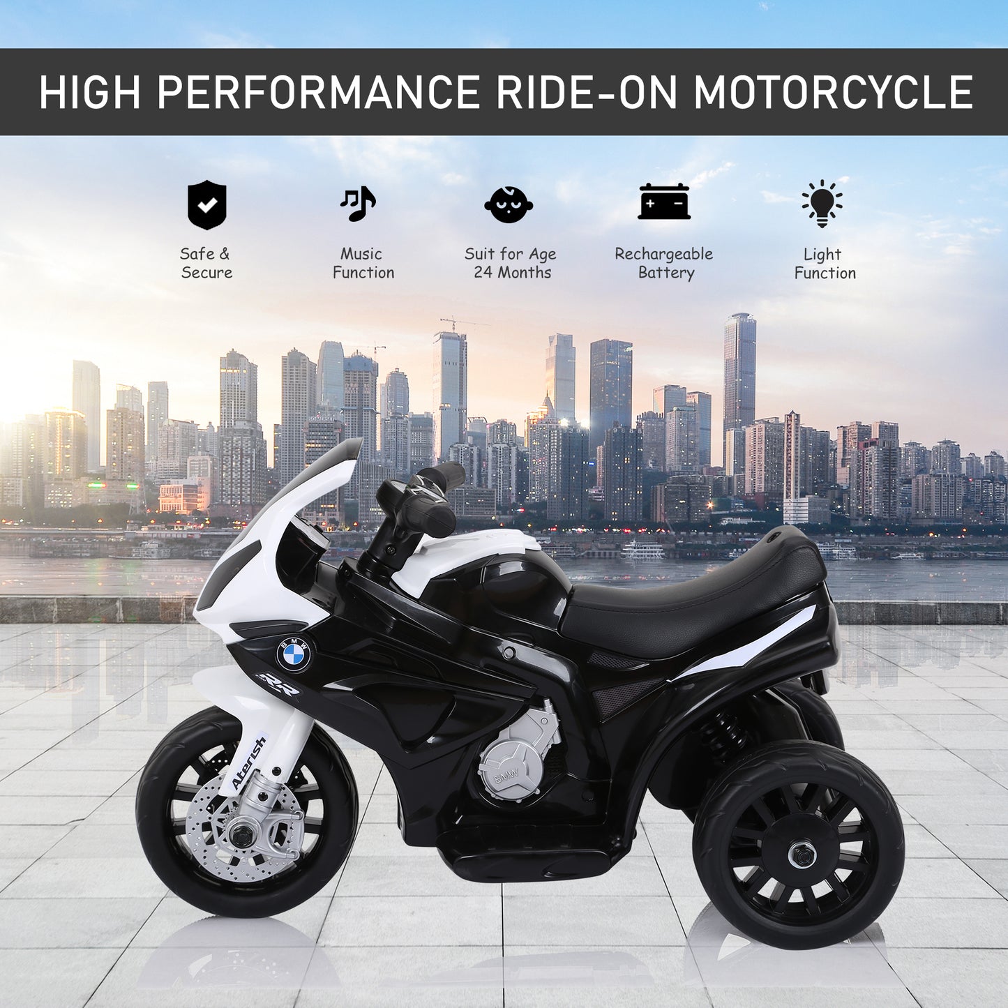 Electric Kids Ride on Motorcycle BMW S1000RR w/ Headlights Music Battery Powered Play Bike 6V Black