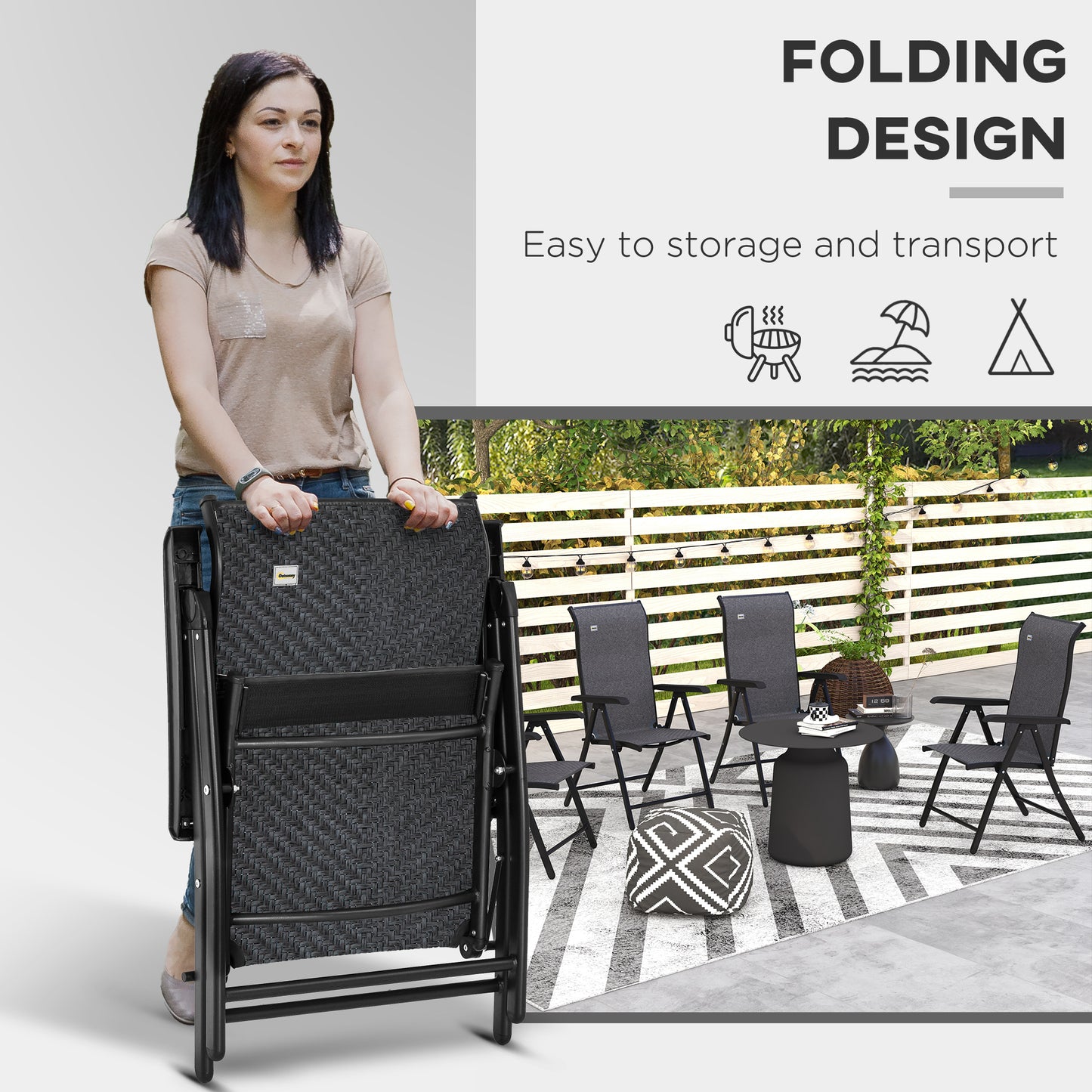 Set of 2 Outdoor Wicker Folding Chairs, Patio PE Rattan Dining, Armrests Set with 7 Levels Adjustable Backrest, for Outdoors, Camping, Grey
