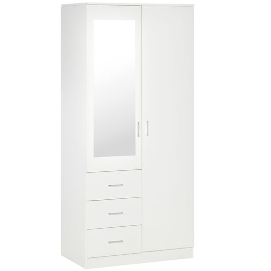 Modern Mirror Wardrobe 2 Door Storage Cupboards Home Storage Organisation Furniture with Adjustable Shelf, 3 Drawers, 80W x 50D x 180Hcm-Whit