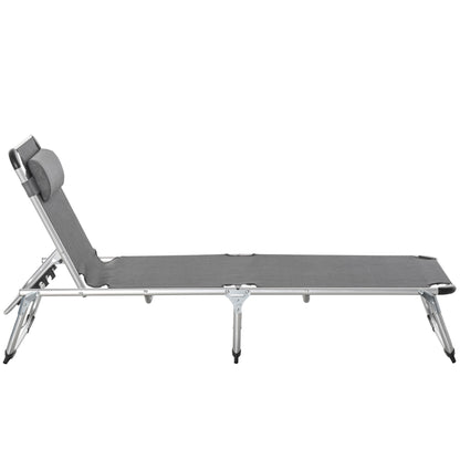 Outsunny Foldable Garden Lounger Camping Bed Cot w/ Pillow 5-Level Adjustable Back Aluminium Frame, 76H x 170L x 60W Grey