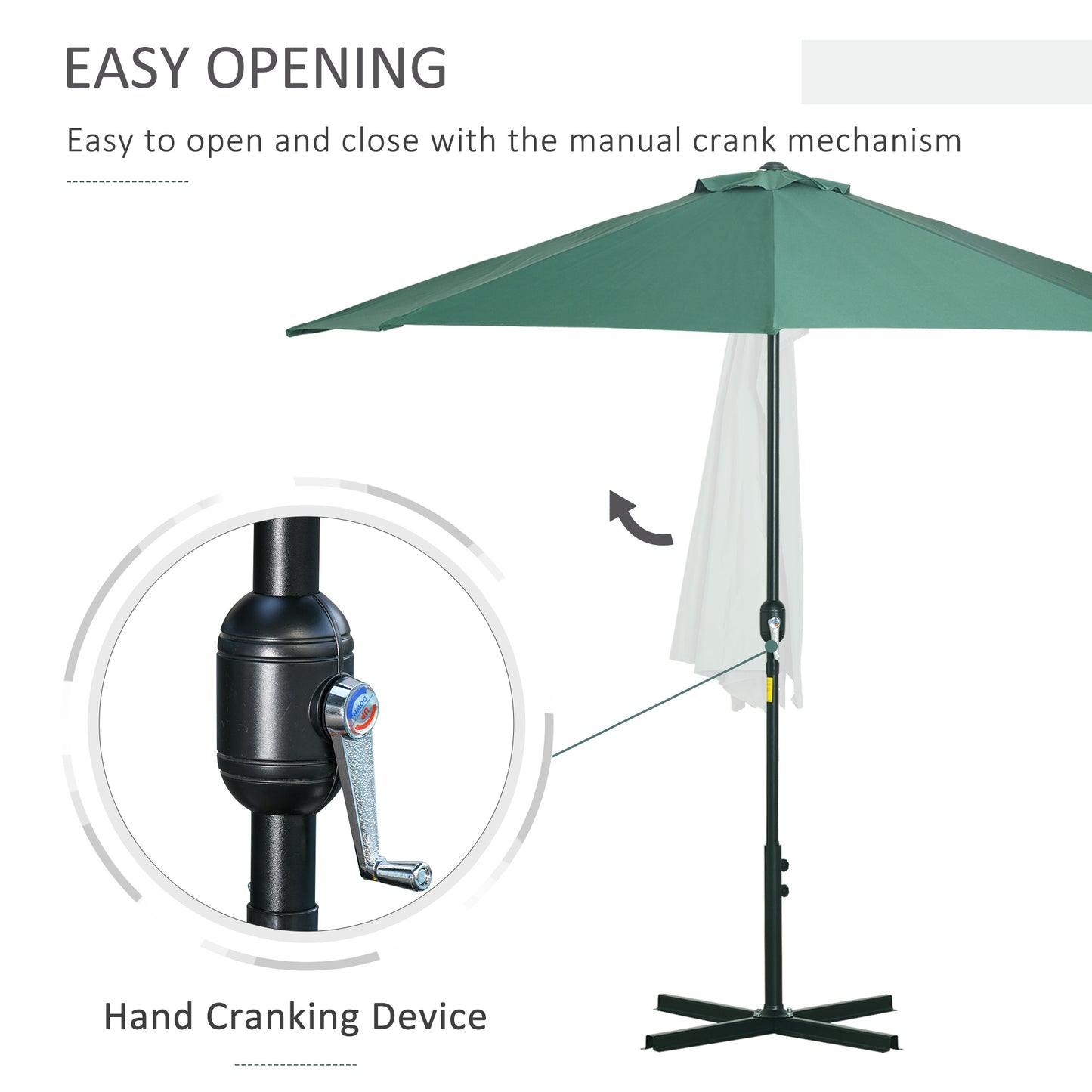 Outsunny 3(m) Half Parasol Semi Round Umbrella Patio Metal Frame Crank Handle for Balcony-- NO BASE INCLUDED, Green