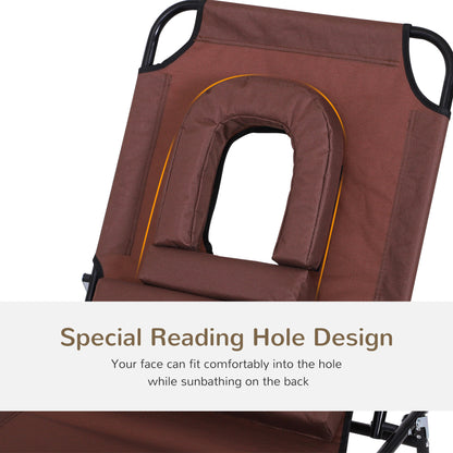 Outsunny Sun Lounger Foldable Reclining Chair with Pillow and Reading Hole Garden Beach Outdoor Recliner Adjustable Brown