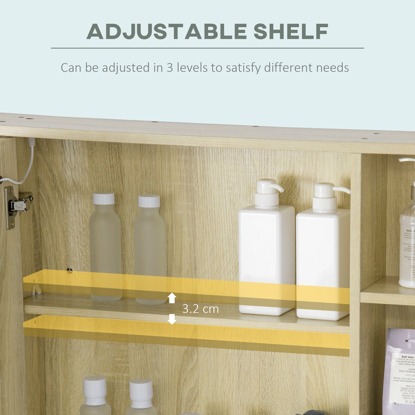 Kleankin LED Bathroom Mirror Cabinet, Wall Mounted Dimmable Medicine Cabinet with Adjustable Shelf and Mirrored Door, Natural