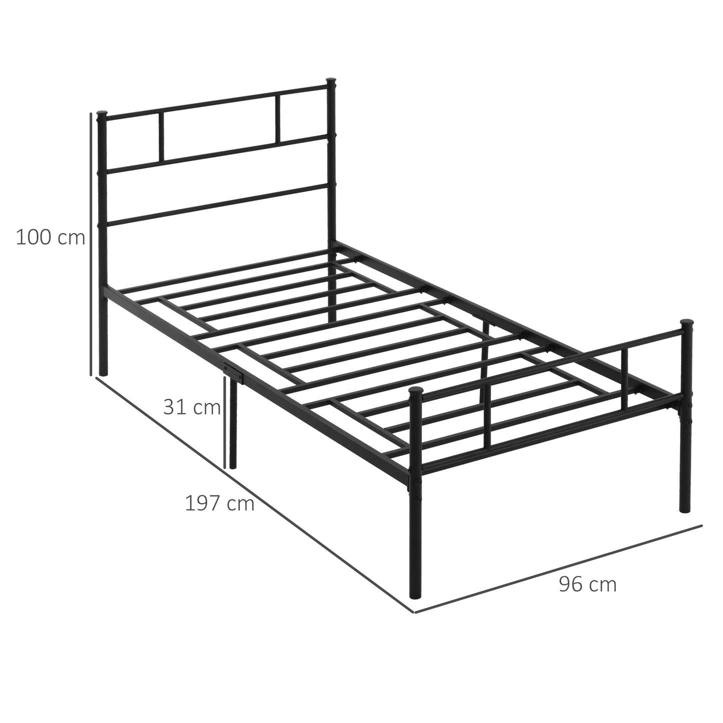 Single Metal Bed Frame Solid Bedstead Base with Headboard and Footboard, Metal Slat Support and Underbed Storage Space, Bedroom Furniture