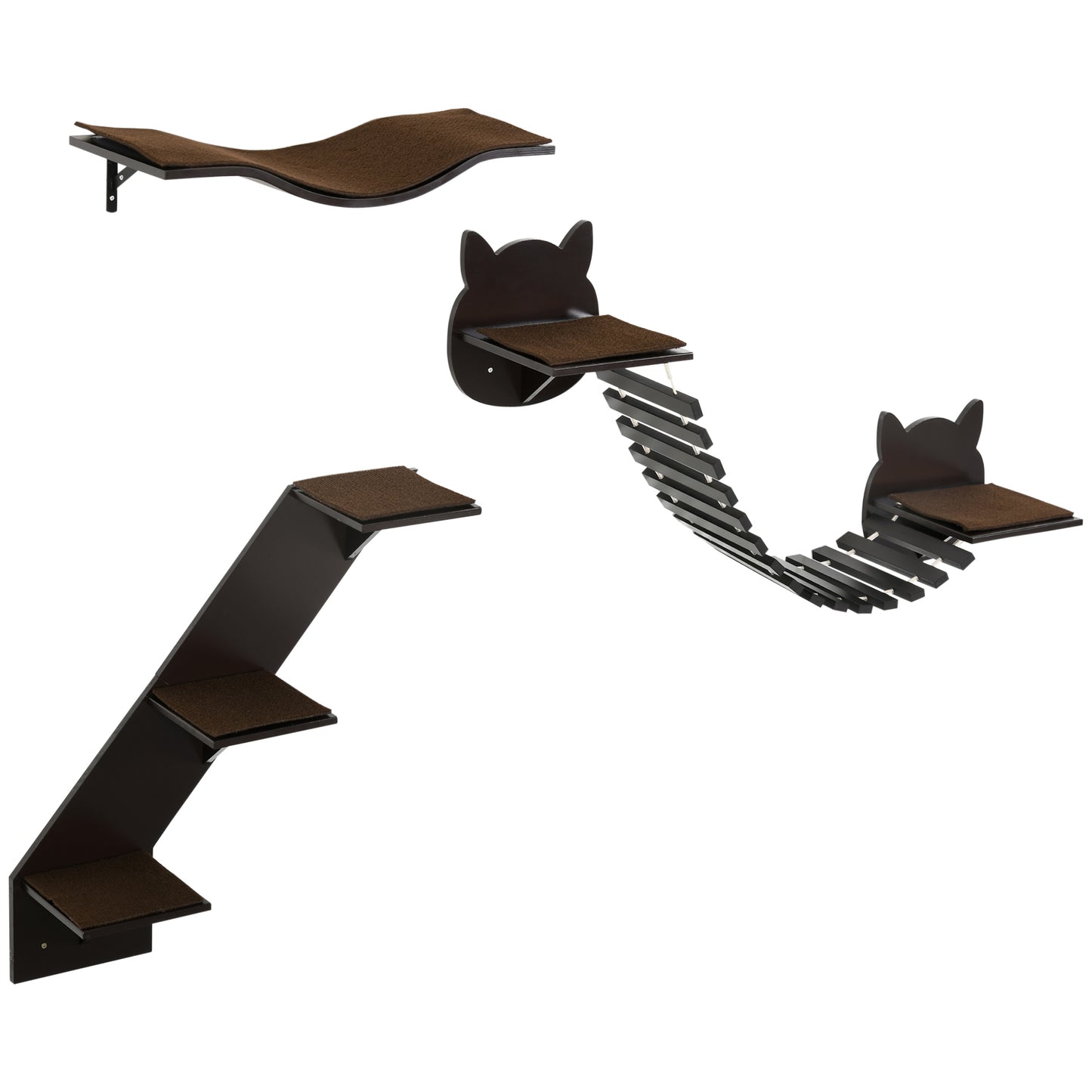 PawHut 3 Piece Wall-mounted Cats Shelves, Cat Climbing Shelf Set, Kitten Activity Center with Jumping Platforms, Ladders, Coffee Brown
