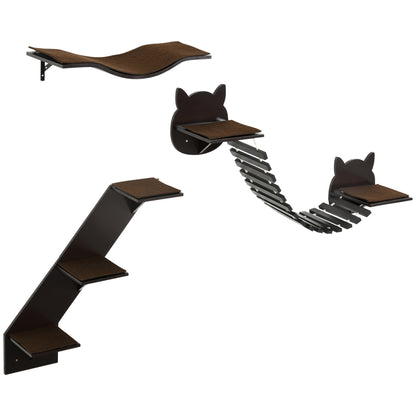 PawHut 3 Piece Wall-mounted Cats Shelves, Cat Climbing Shelf Set, Kitten Activity Center with Jumping Platforms, Ladders, Coffee Brown