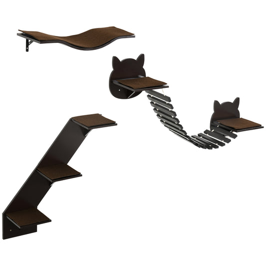 PawHut 3 Piece Wall-mounted Cats Shelves, Cat Climbing Shelf Set, Kitten Activity Center with Jumping Platforms, Ladders, Coffee Brown