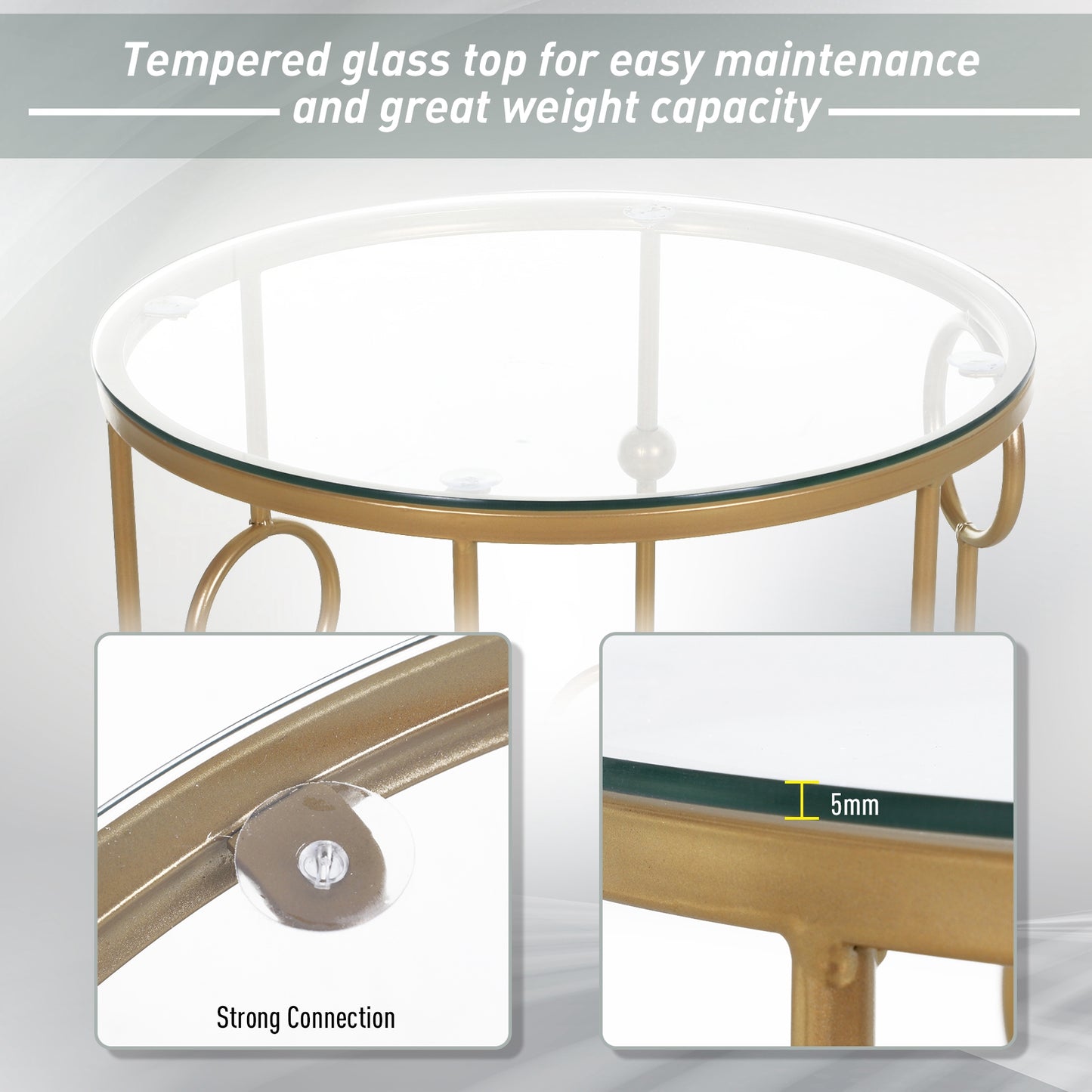 Modern Round Coffee Tables Set of 2, Gold Nest of Tables with Tempered Glass Top, Steel Frame for Living Room, Gold