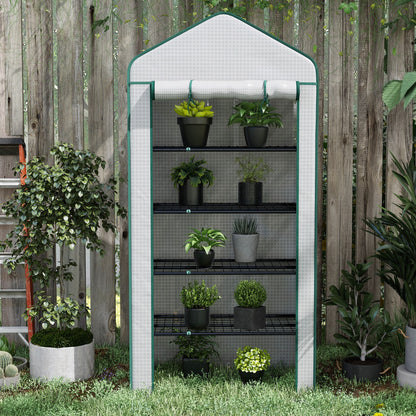 Outsunny 5 Tier Widened Mini Greenhouse w/ Reinforced PE Cover, Portable Green House w/ Roll-up Door & Wire Shelves, 193H x 90W x 49Dcm, White