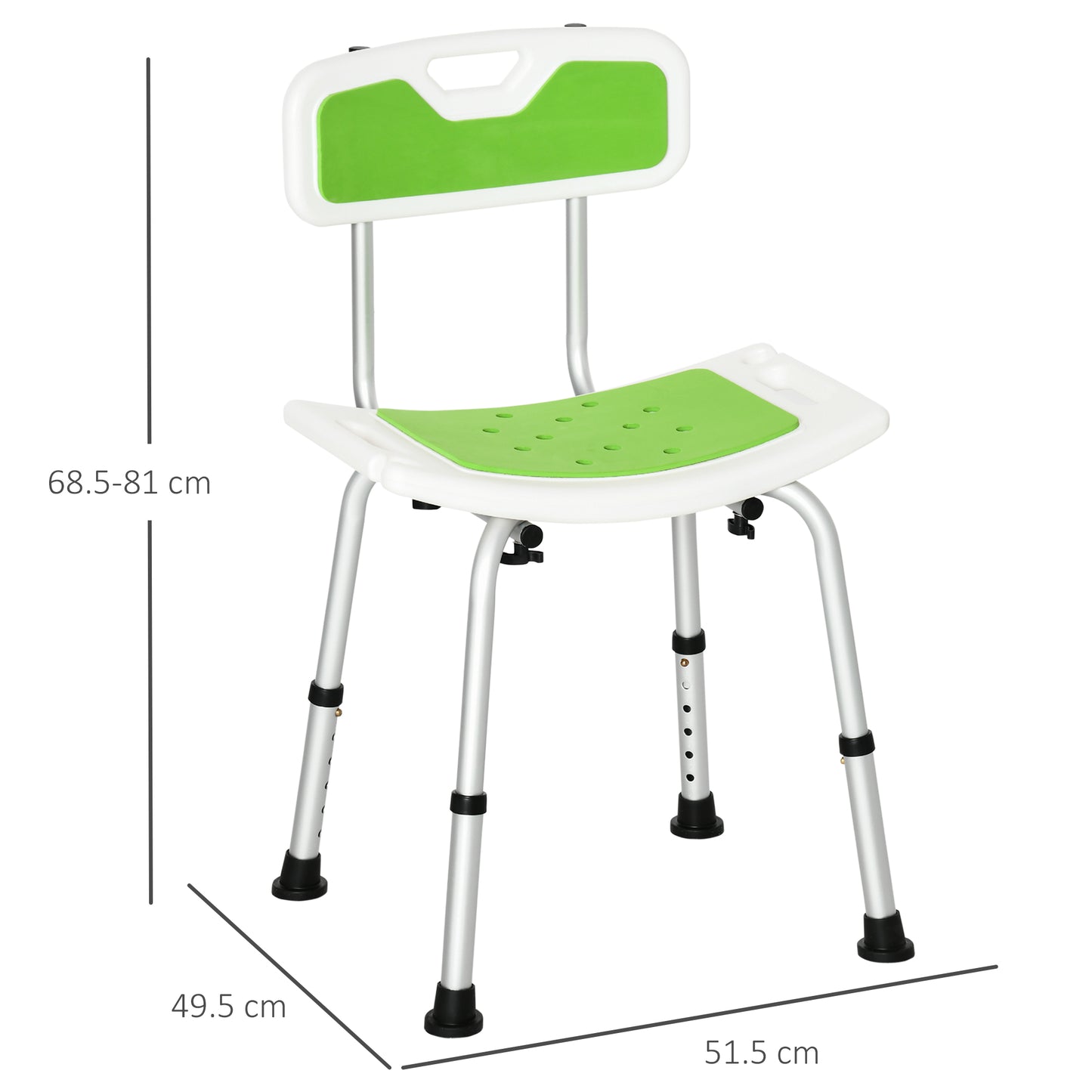 Shower Chair Seat Bathroom Stool 6-Level Height Adjustable With Backrest, Curved Seat - Green
