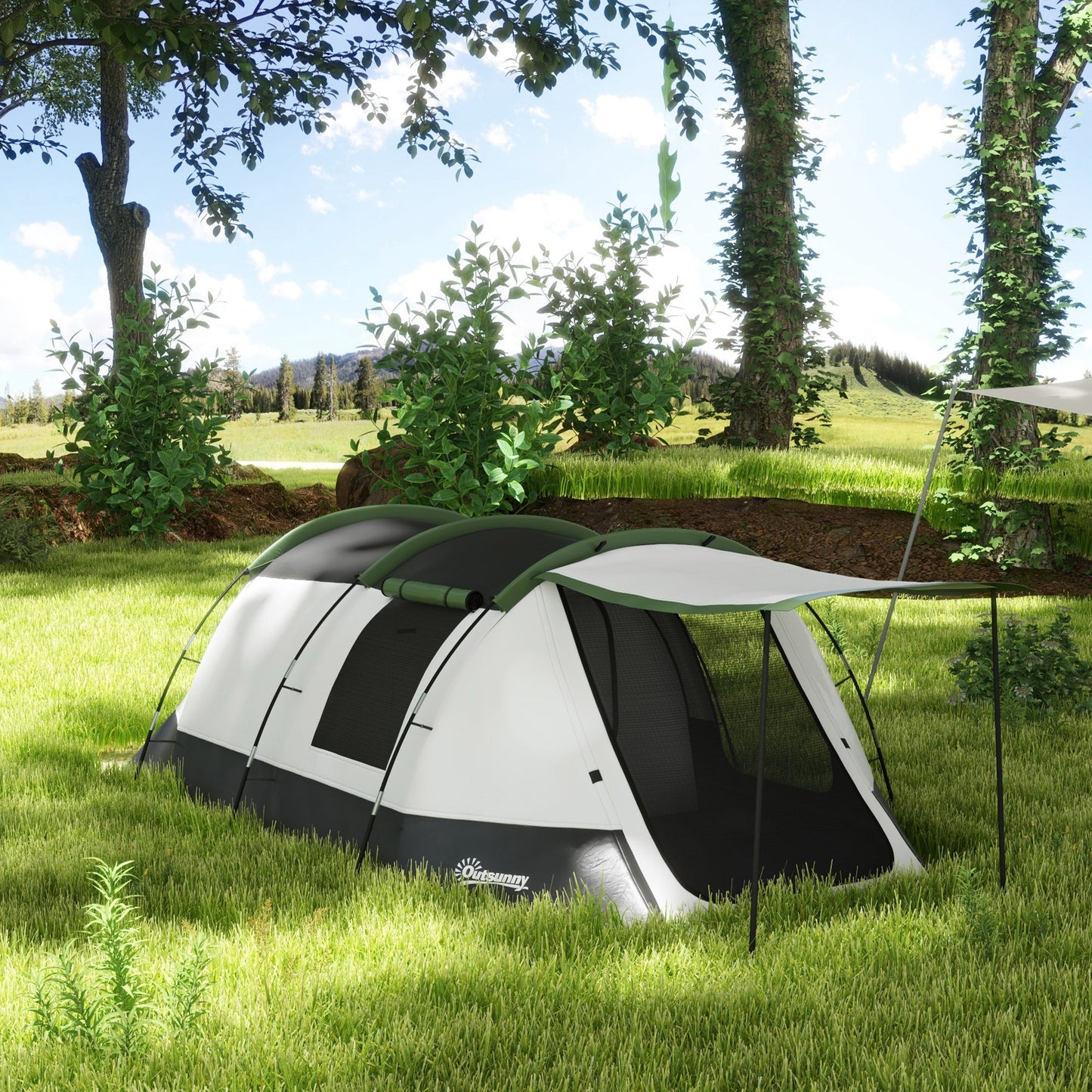 Outsunny 3-4 Man Camping Tent, Family Tunnel Tent, 2000mm Waterproof, Portable with Bag, Green