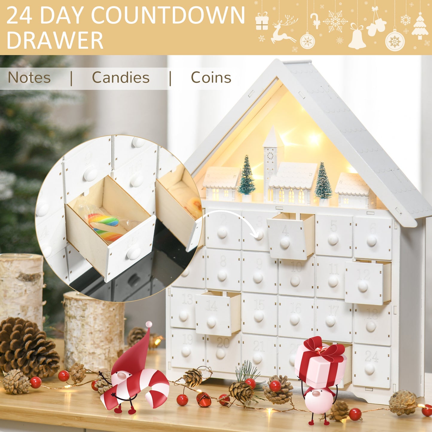 Christmas Advent Calendar, Light Up Table Wooden House Holiday Decoration With Countdown Drawer, Village, For kids Adults, White