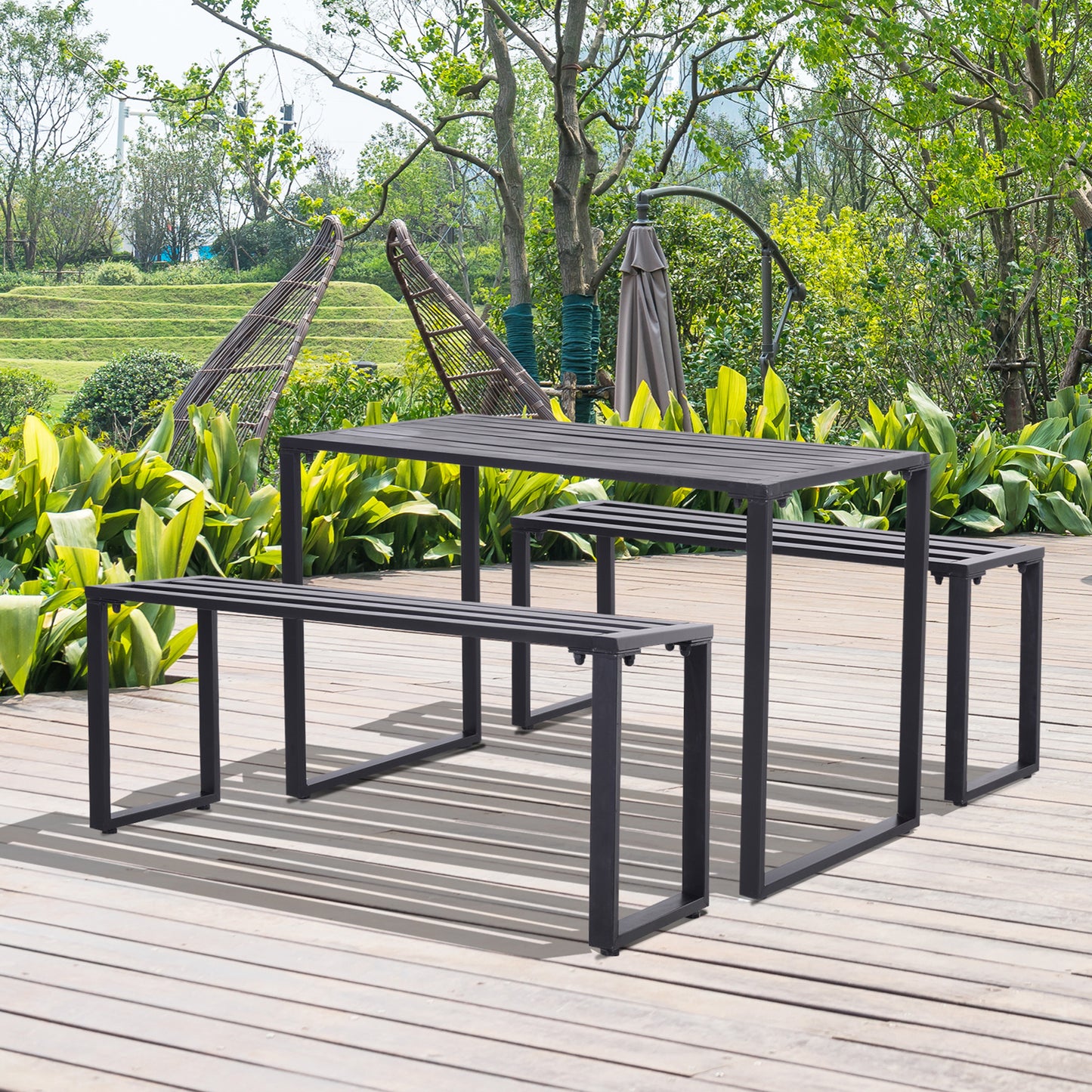 Outsunny 3 Piece Outdoor Dining Set Metal Beer Table Bench Patio Garden Yard Black