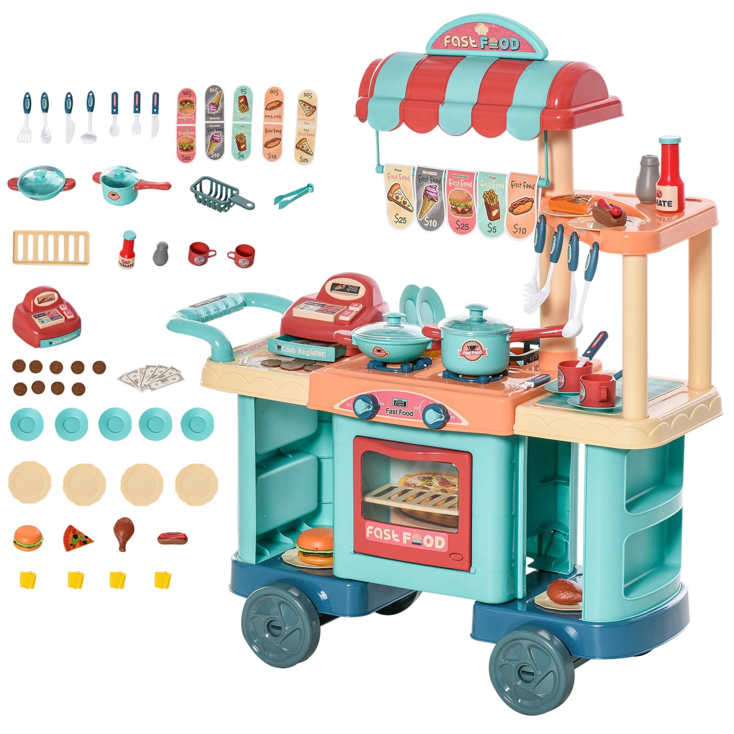 50 Pcs Kids Kitchen Play set Fast Food Trolley Cart Pretend Playset Toys with Play Food Money Cash Register Accessories Gift for Kids Age 3-6