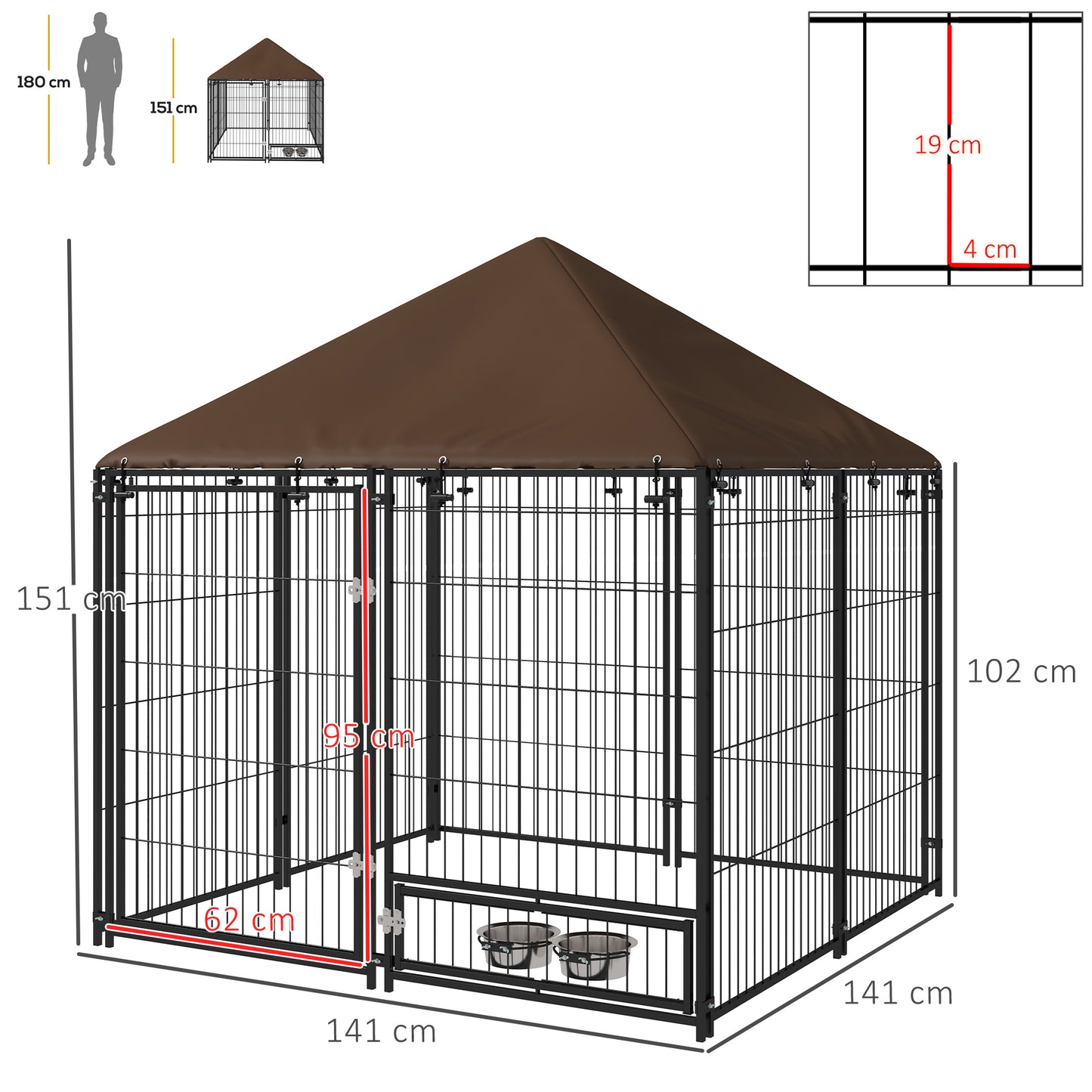 Outdoor Dog Kennel & Playpen | Waterproof Canopy | Lockable Gate | Rotating Bowl Holder | 2 Bowls Included | 141 x 141 x 151cm | Brown